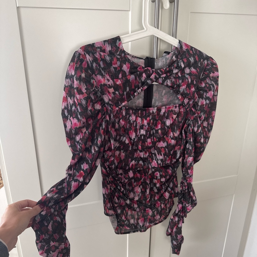 Pink and Black Long Sleeve Ruched Blouse